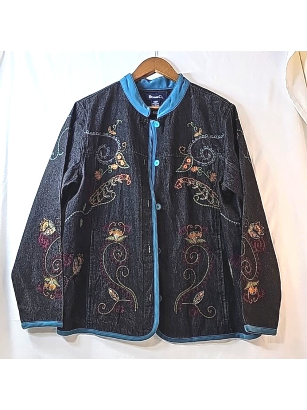 Denim & Co Women Sz L Black Denim Artsy Embroidered Art To Wear Lagenlook Jacket